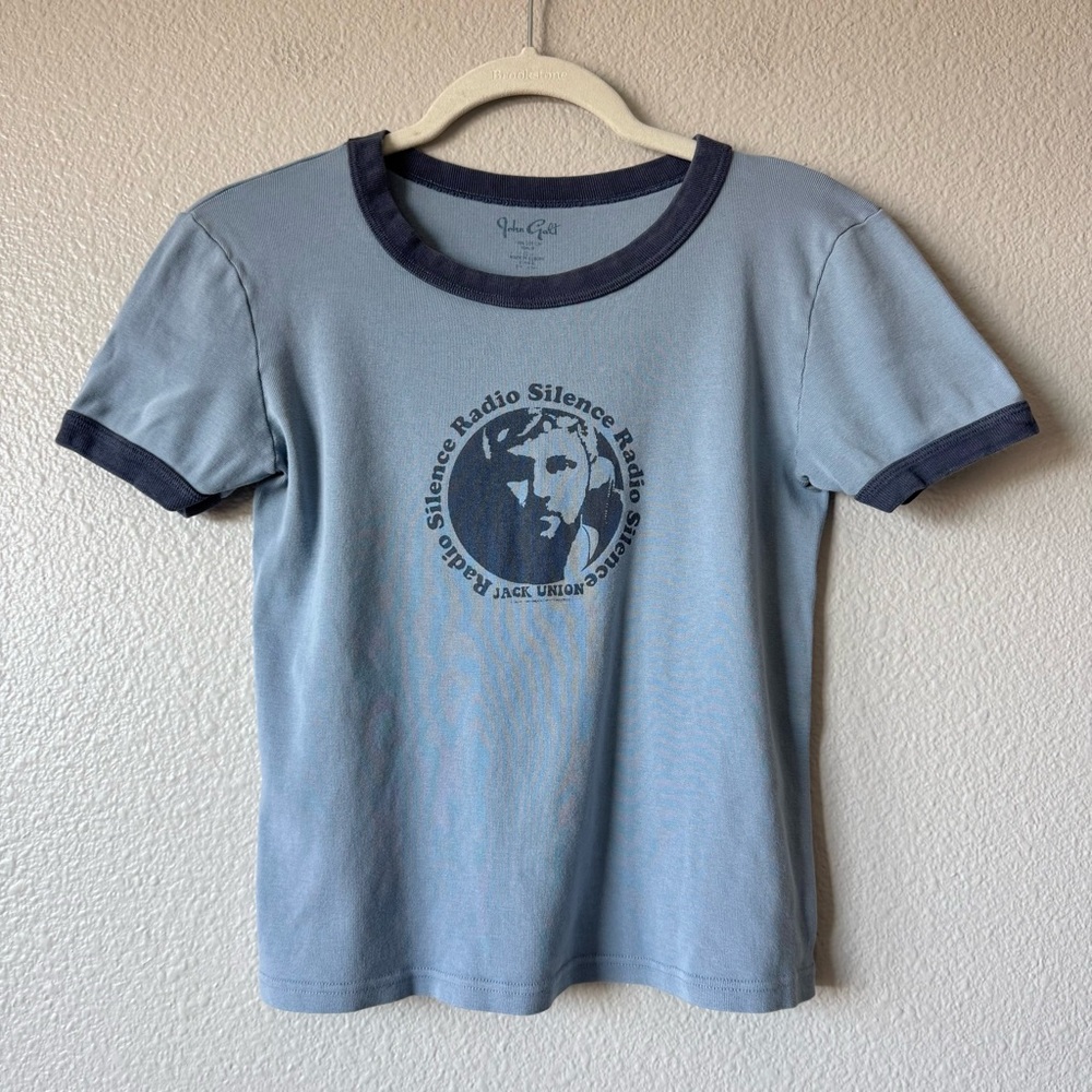 Brandy Melville Light Blue Ringer Tee with Navy Graphic